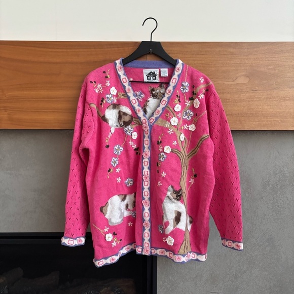 NWT Vintage Storybook Cherry Blossom Kitties & Trees Cardigan Size L